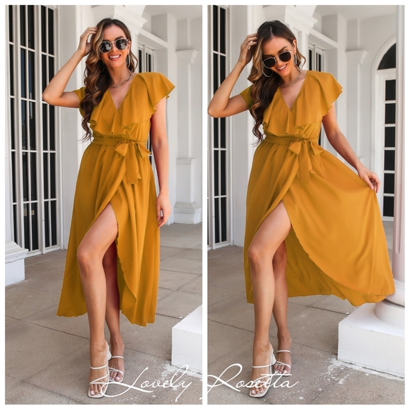 Romantic Ruffled Midi Dress with Wrap Silhouette and Slit - Picture 1 of 7